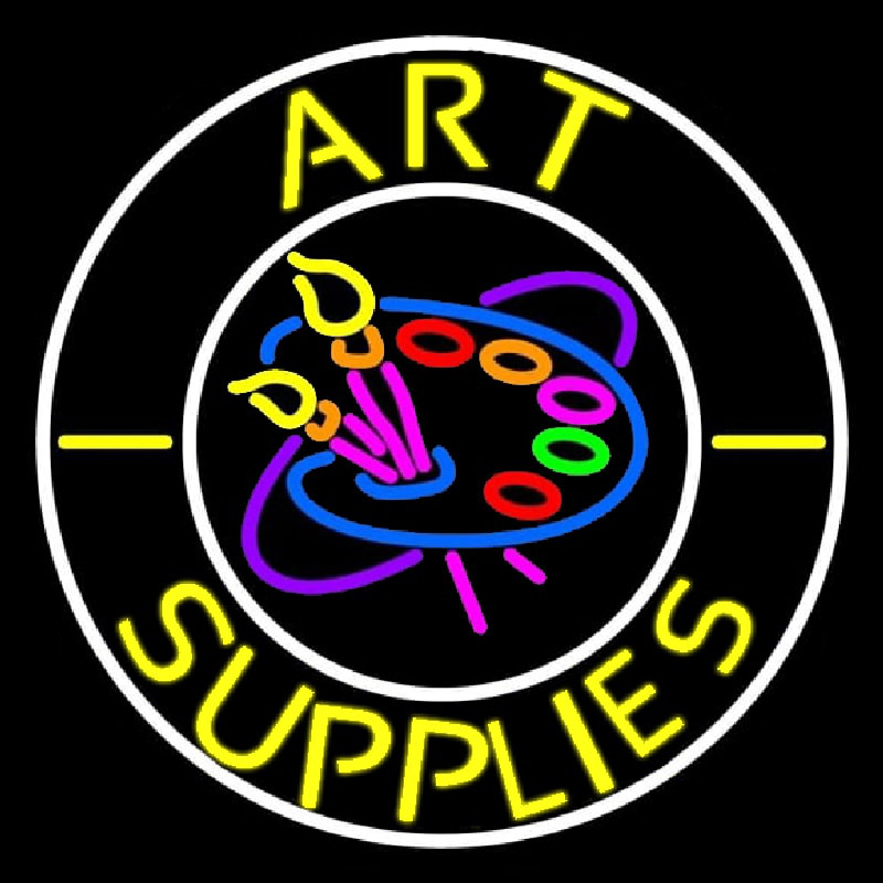 Art Supplies With White Circle Neon Sign