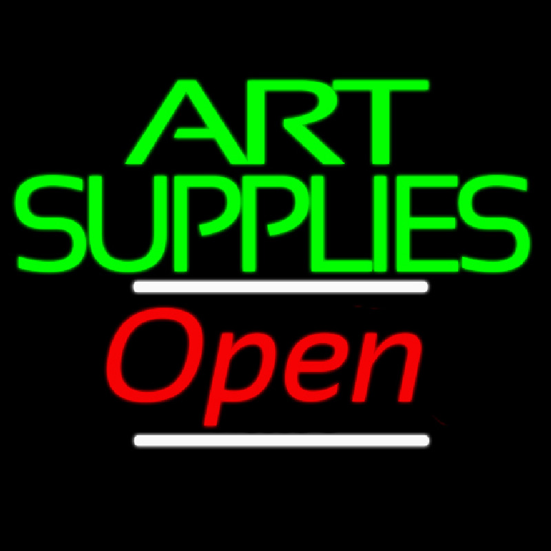 Green Double Stroke Art Supplies With Open 3 Neon Sign