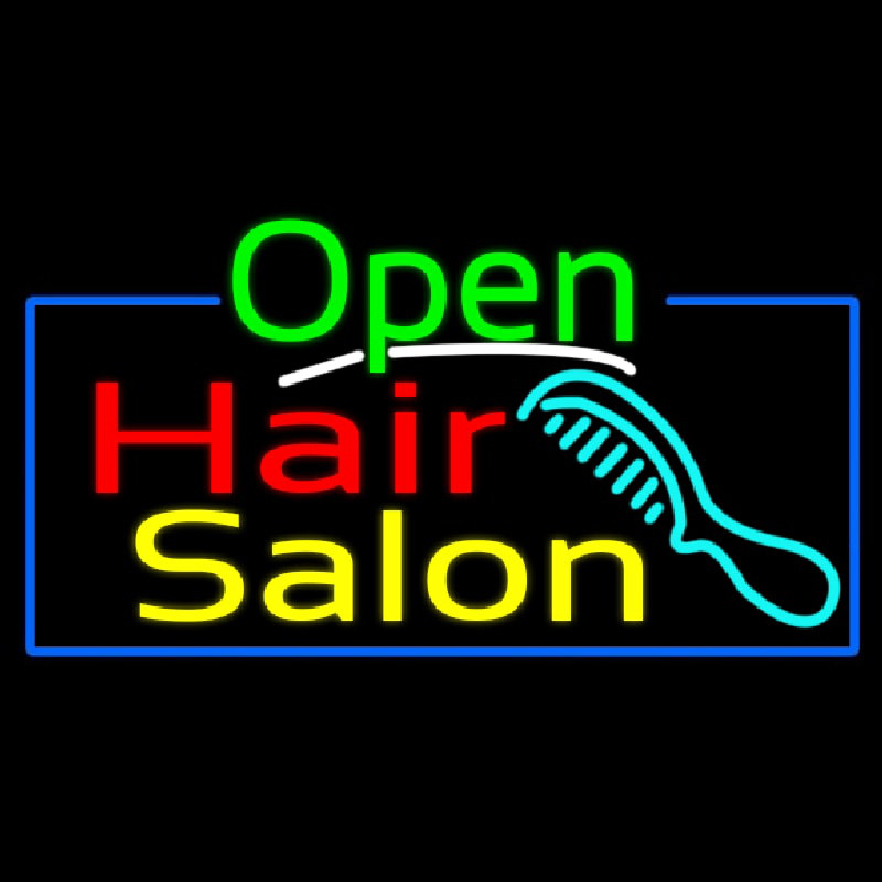 Green Open Hair Salon With Blue Border Neon Sign