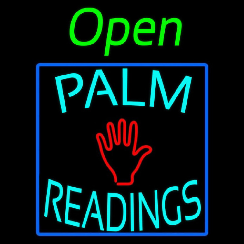 Green Open Turquoise Palm Readings Blue Border Neon Sign