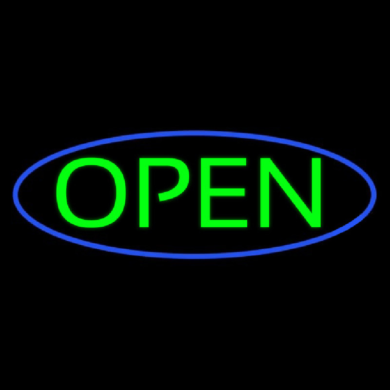 Green Open With Blue Oval Border Neon Sign