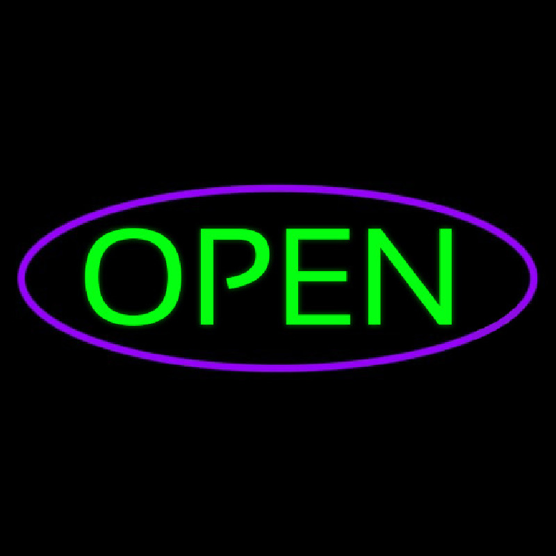 Green Open With Purple Oval Border Neon Sign