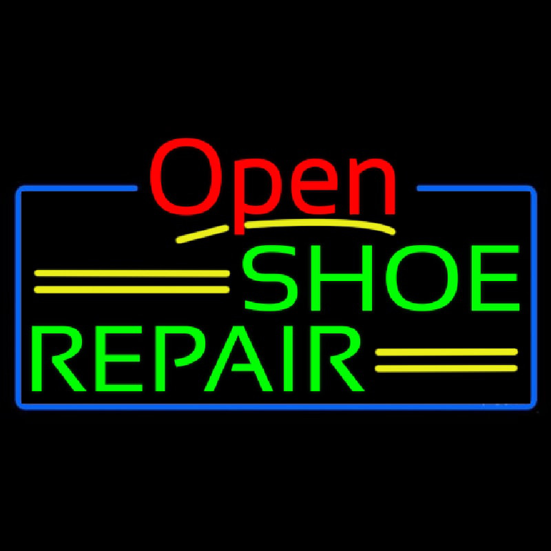 Green Shoe Repair Open With Blue Border Neon Sign