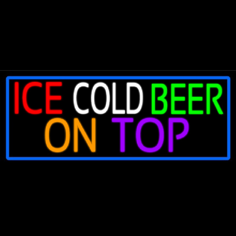 Ice Cold Beer On Top With Blue Border Neon Sign