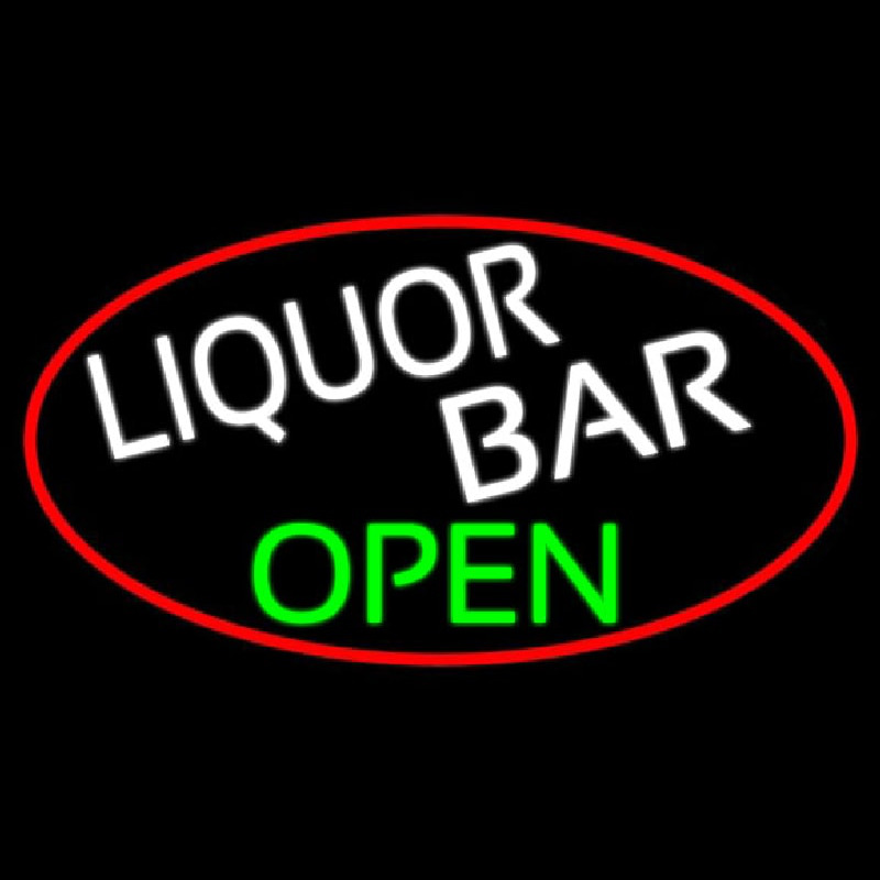 Liquor Bar Open Oval With Red Border Neon Sign