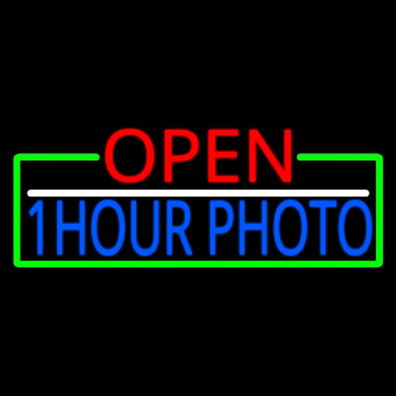 Open 1 Hour Photo With Green Border Neon Sign