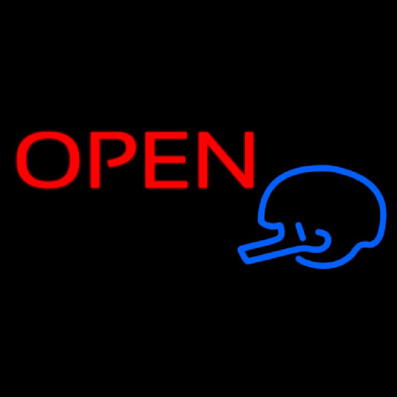 Open In Bright Red With Blue Helmet Neon Sign