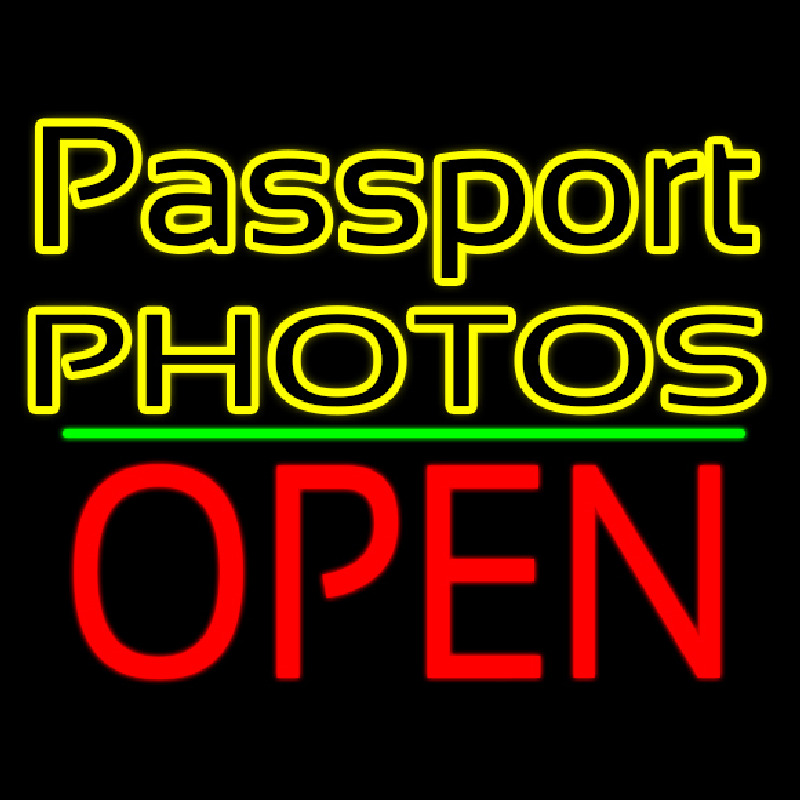 Passport Photos Block With Open 1 Neon Sign