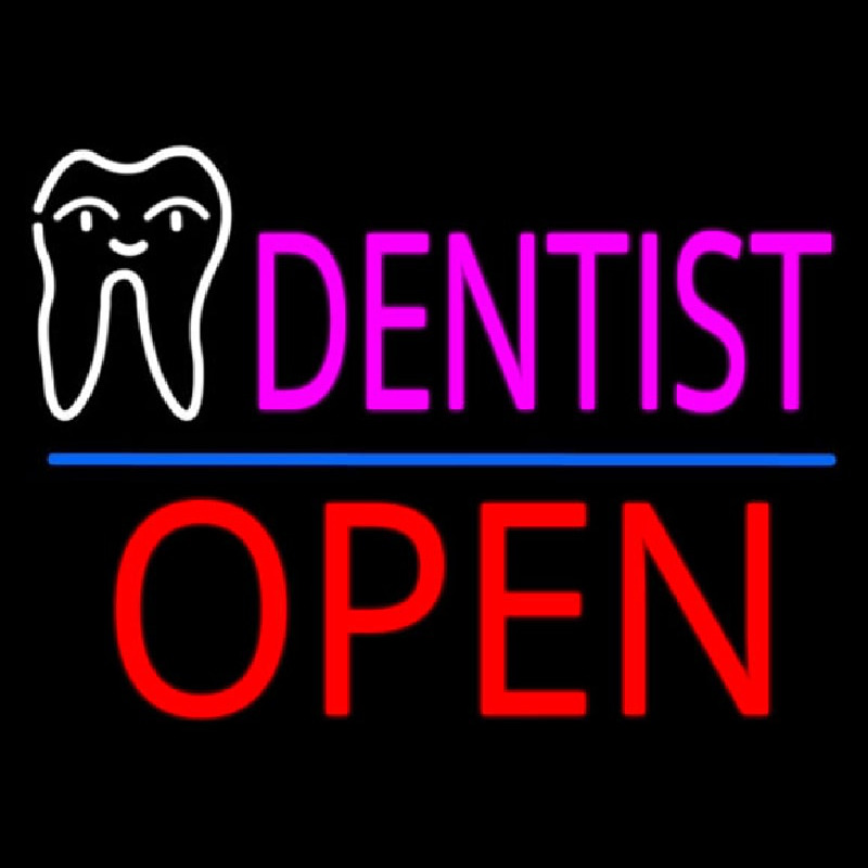 Pink Dentist White Tooth Blue Line Open Neon Sign