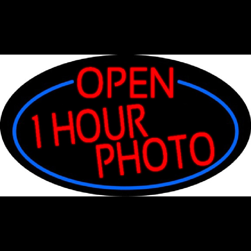 Red Open One Hour Photo Oval With Blue Border Neon Sign