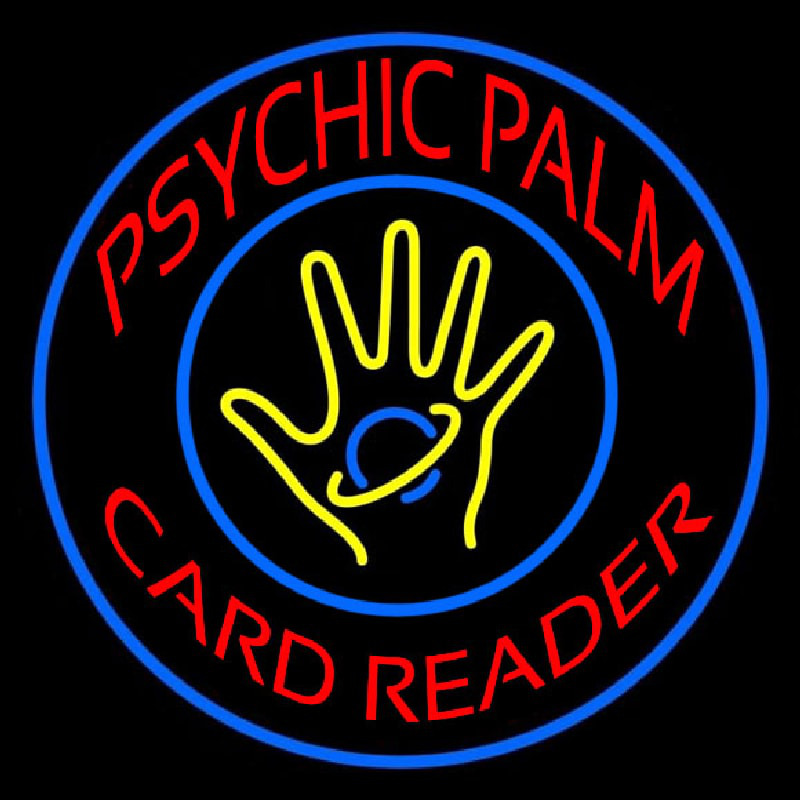 Red Psychic Palm Card Reader Blue Border Neon Sign