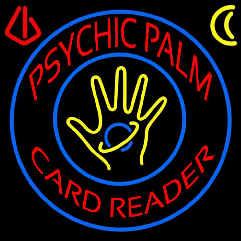 Red Psychic Palm Card Reader Blue Circle Neon Sign