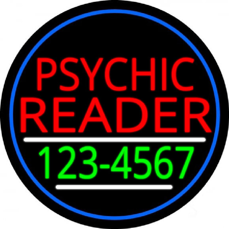 Red Psychic Reader With Green Phone Number And Blue Border Neon Sign