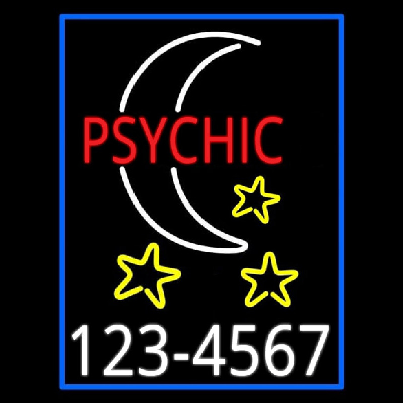 Red Psychic White Logo Phone Number Blue Border Neon Sign