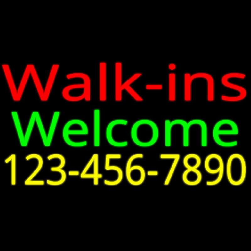 Red Walk Ins Welcome With Phone Number Neon Sign