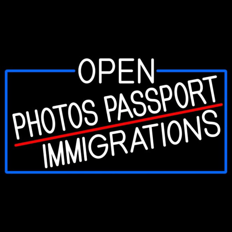 White Open Photos Passport Immigrations With Blue Border Neon Sign