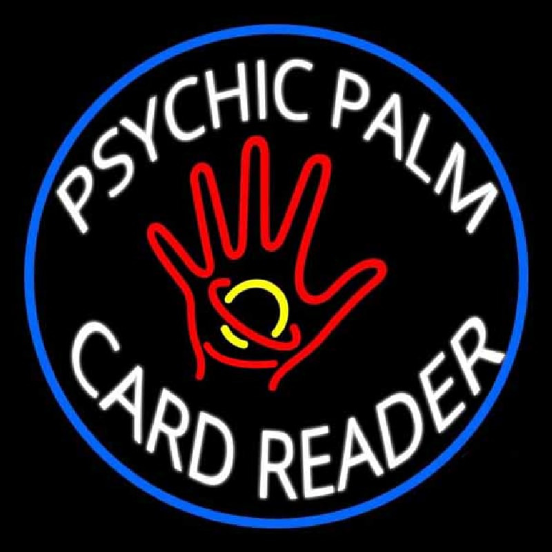 White Psychic Palm Card Reader Blue Circle Neon Sign