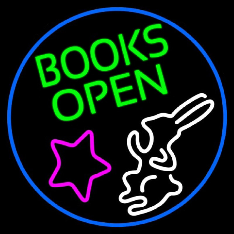 Green Books With Rabbit Logo Open Neon Sign