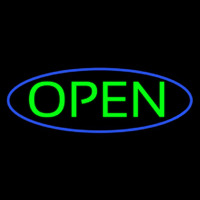 Green Open With Blue Oval Border Neon Sign