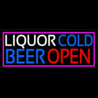 Liquors Cold Beer Open With Pink Border Neon Sign