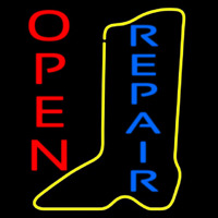 Vertical Yellow Shoe Blue Repair Open Neon Sign