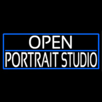 White Open Portrait Studio With Blue Border Neon Sign